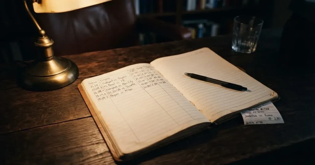 Ein Notizbuch mit handschriftlichen Spalten und ein Kugelschreiber neben einem Taschenrechner, Licht einer Schreibtischlampe