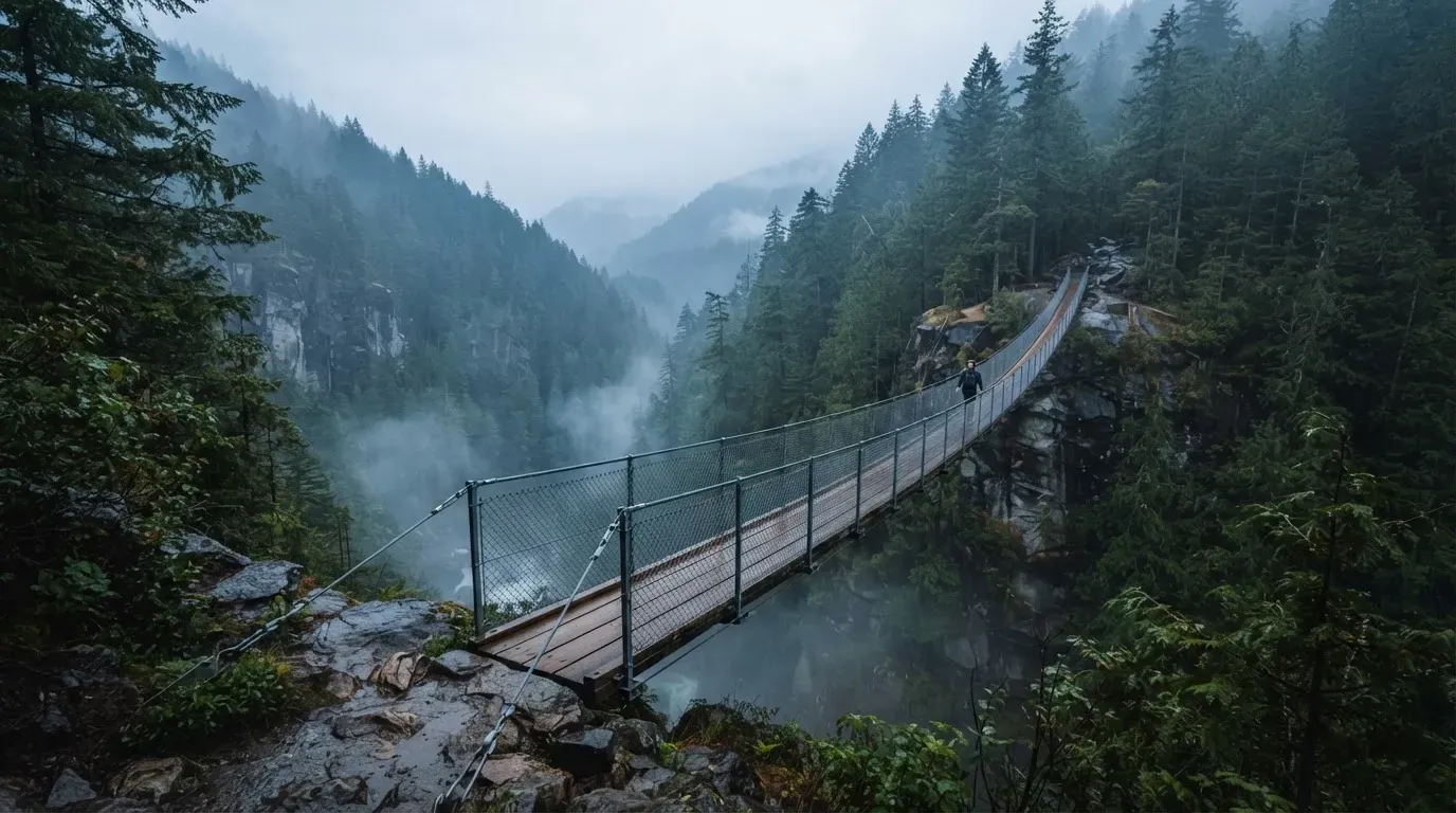 Eine Hängebrücke über eine Schlucht, Nebel steigt auf, dichter Wald bedeckt die steilen Hänge