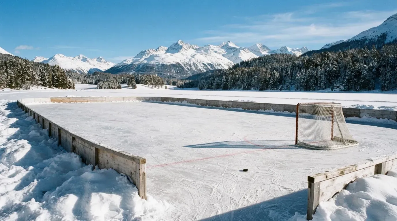 Ein Eishockeyfeld im Freien auf einem zugefrorenen See, Schneewehen an den Banden, klare Winterluft