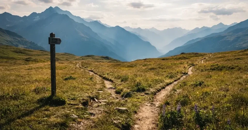 Zwei Wanderwege gabeln sich auf einer Wiese, dahinter steht eine Bergkette im Dunst