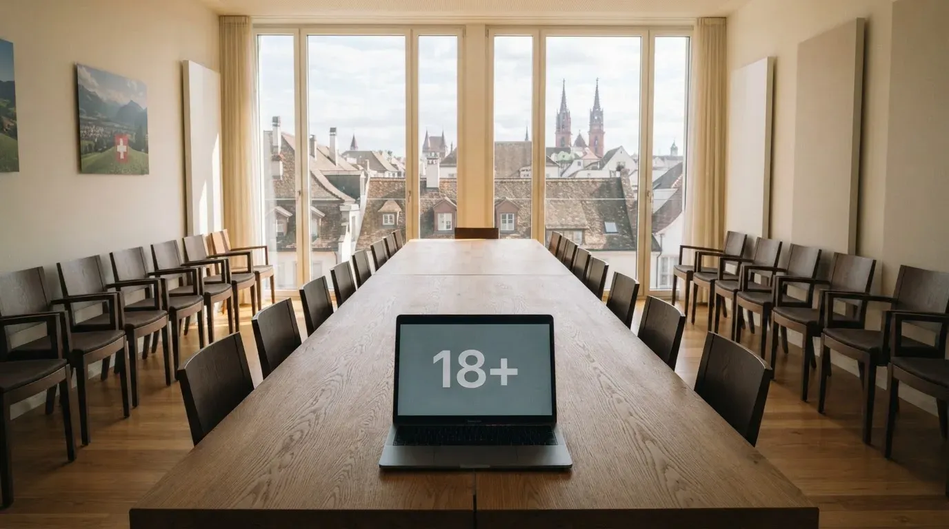 Ein langer Holztisch mit leeren Stühlen in einem hellen Raum, die Fenster geben den Blick auf Dächer frei