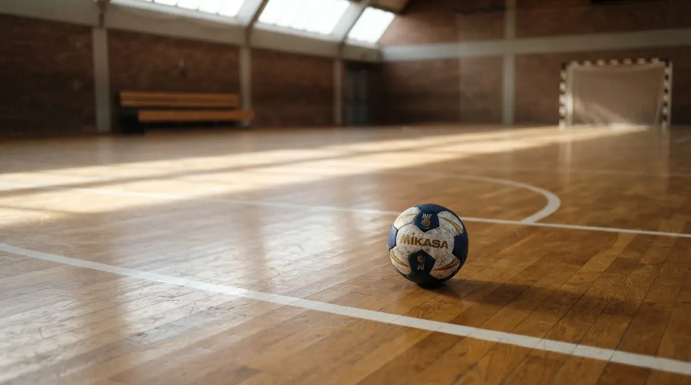 Ein Handball liegt auf dem Hallenboden einer leeren Sporthalle, Streifen von Licht aus den Oberlichtern