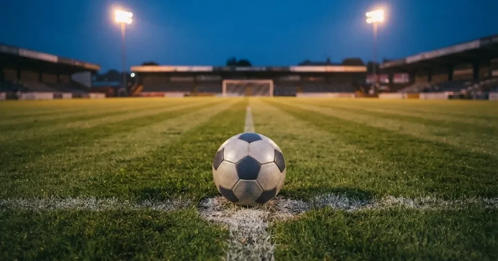 Ein Fussball liegt auf dem Anstosspunkt eines leeren Rasenplatzes in der Abenddämmerung, im Hintergrund leuchten Flutlichtmasten.