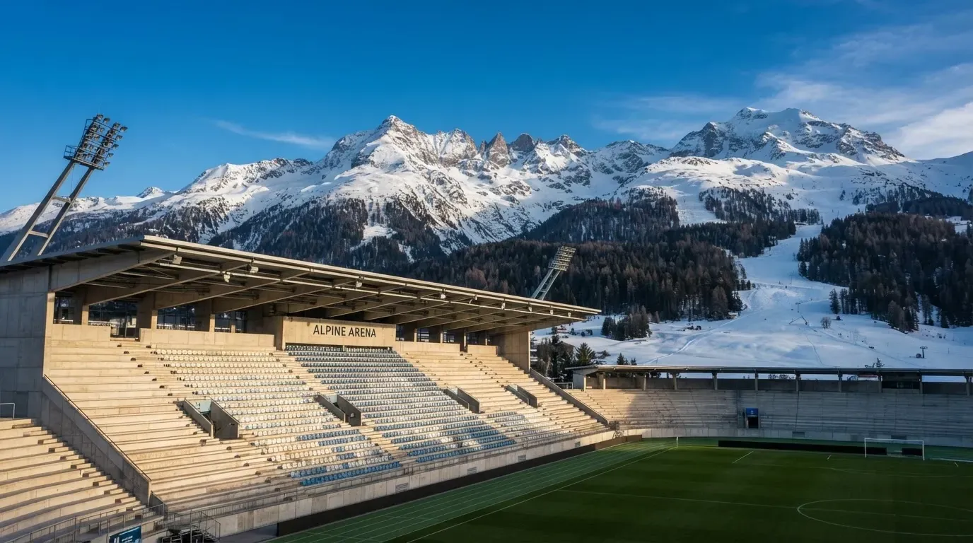 Schneebedeckte Berggipfel erheben sich im klaren Morgenlicht hinter einem leeren Stadion mit hellen Zuschauerrängen.