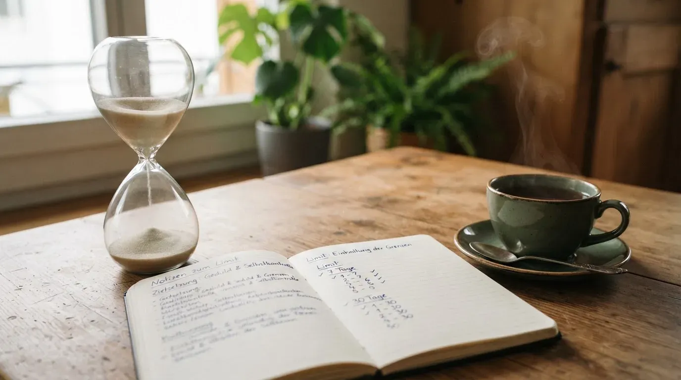 Eine Sanduhr steht neben einem Notizbuch mit handschriftlichen Notizen auf einem Holztisch, daneben dampft eine Tasse Tee.