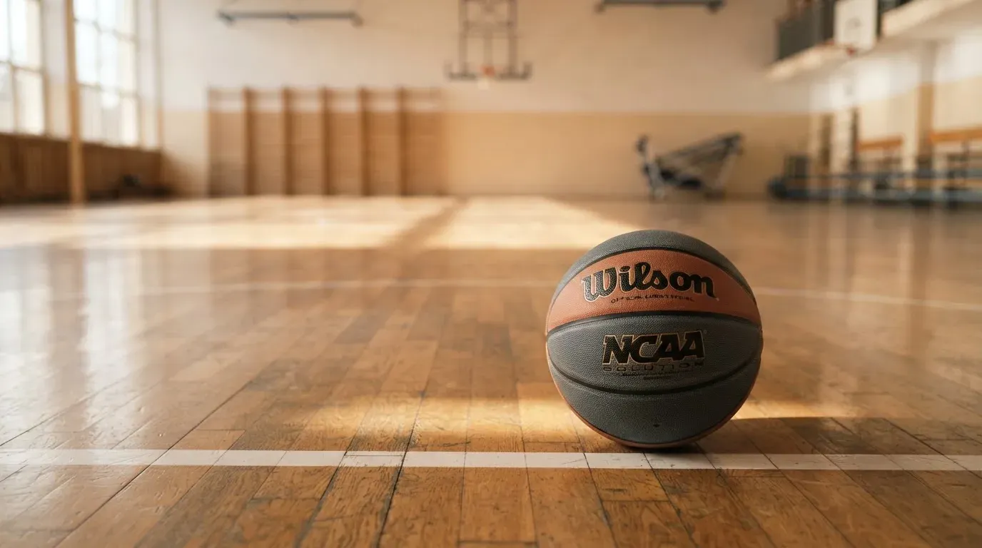 Ein Basketball ruht auf dem polierten Parkett einer leeren Halle, Nachmittagslicht fällt durch hohe Fenster.