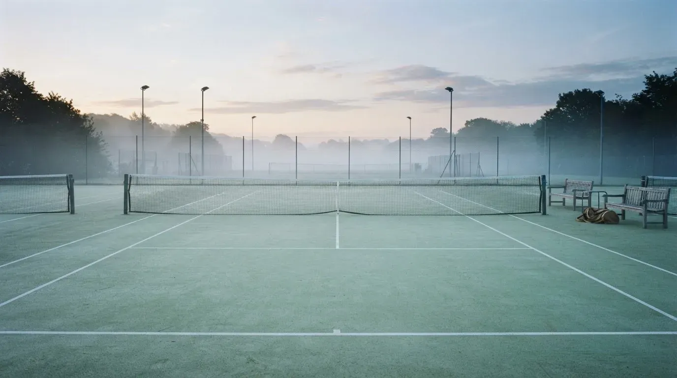 Ein gepflegter Tennisplatz im Morgengrauen, über der Grundlinie hängt leichter Nebel und die Bänke am Rand sind leer.