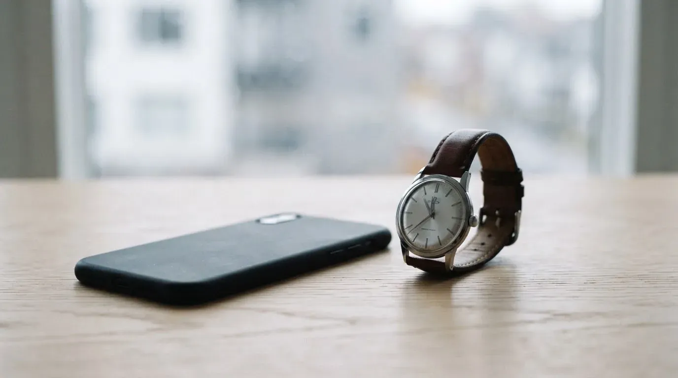 Ein Smartphone liegt mit dem Display nach unten auf einem Tisch neben einer Armbanduhr, im Hintergrund ein unscharfes Fenster.
