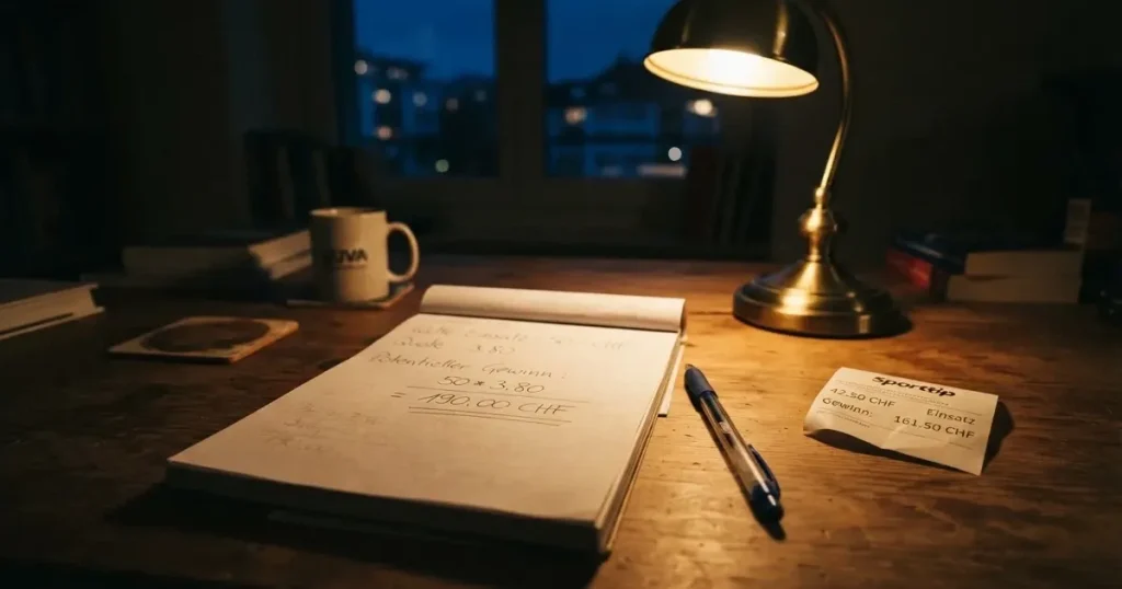Eine Schreibtischlampe beleuchtet am späten Abend einen Block mit handschriftlichen Notizen und einen Stift.