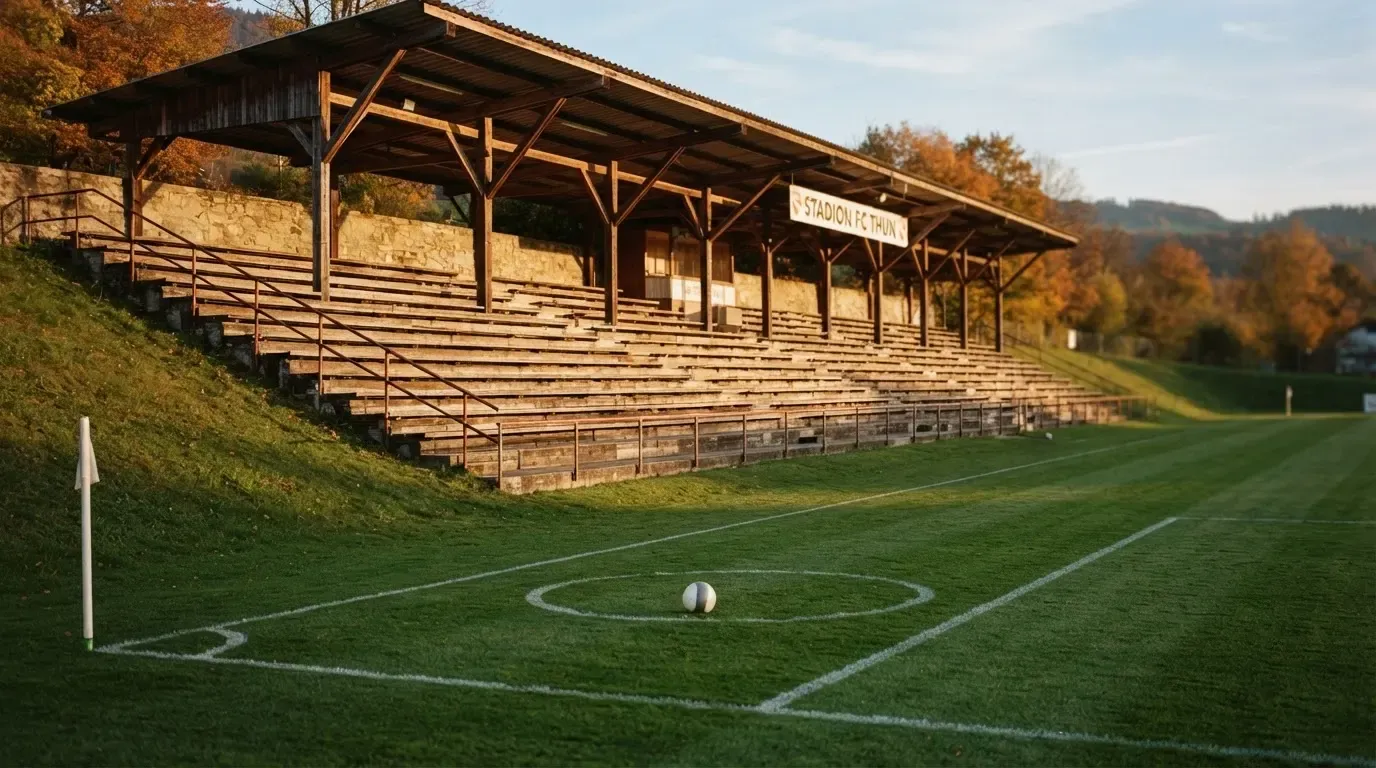 Leere Zuschauerränge eines kleinen Stadions im Herbstlicht, davor ein Rasenplatz mit frisch gezogenen Linien.