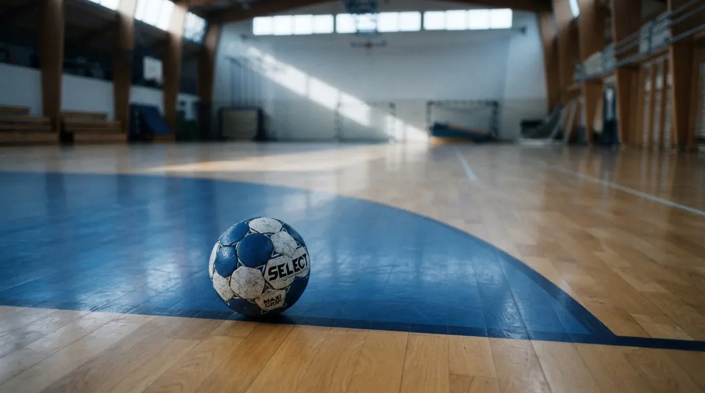 Ein Handball liegt am Rand des Torraums in einer leeren Sporthalle, Licht fällt durch Oberlichter auf den Hallenboden.