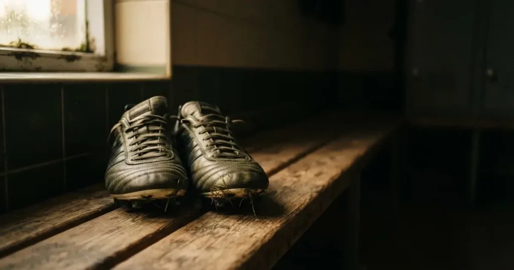Zwei Fussballschuhe stehen nebeneinander auf einer Holzbank in einer leeren Umkleidekabine.