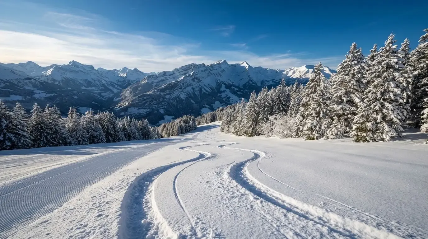 Ein Skihang mit frischen Spuren im Neuschnee unter blauem Himmel, am Rand stehen verschneite Tannen.