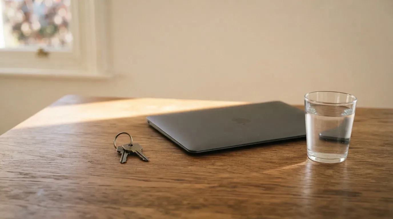Ein Schlüsselbund liegt auf einem Holztisch neben einem geschlossenen Laptop und einem Glas Wasser.