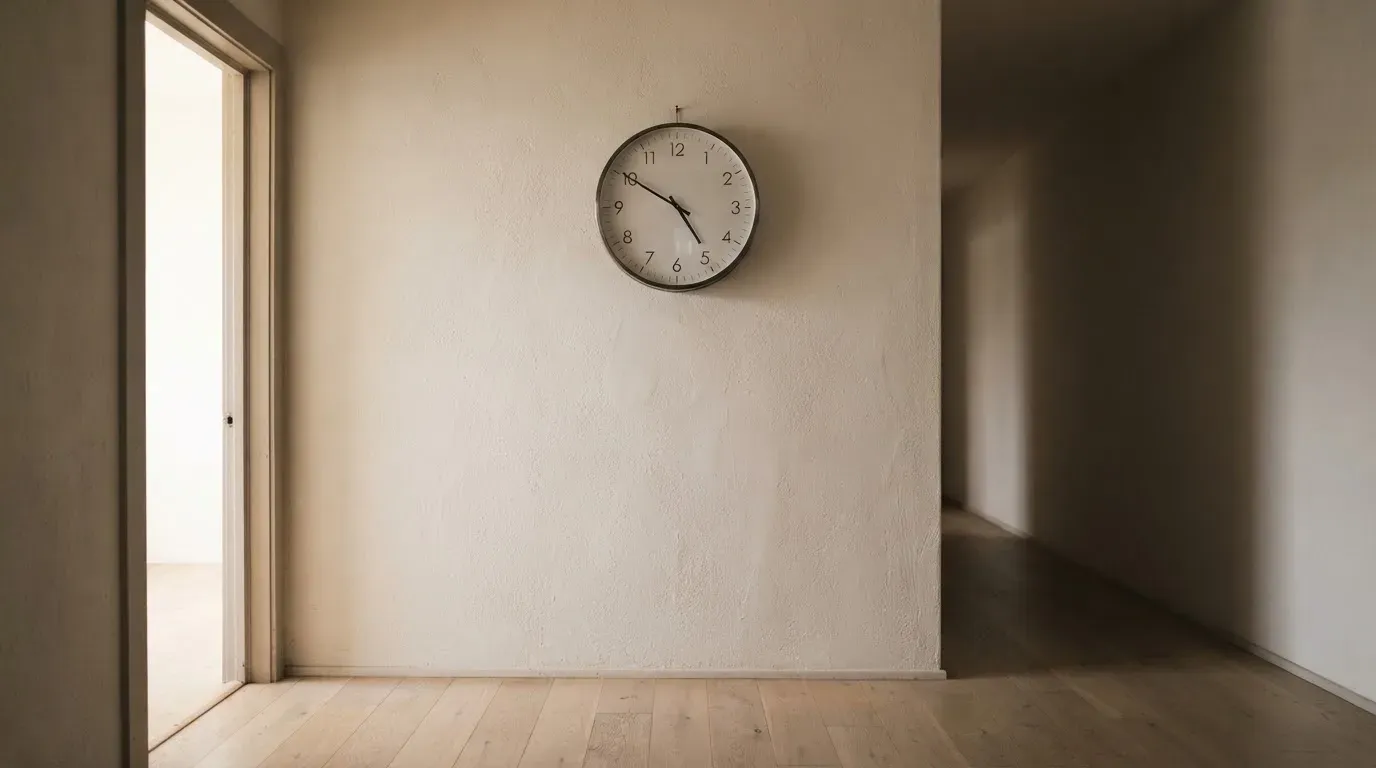 Eine schlichte Wanduhr hängt in einem leeren Gang, die Zeiger stehen kurz vor fünf.