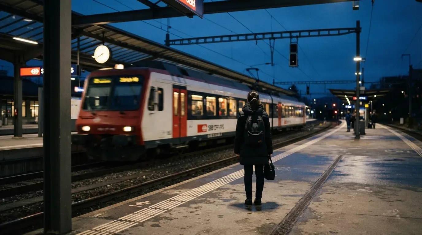 Ein Bahnsteig in der Abenddämmerung, ein Regionalzug fährt unscharf ein und Lichter spiegeln sich auf dem nassen Beton.