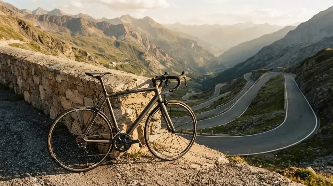 Ein Rennrad lehnt an einer Steinmauer auf einem Alpenpass, dahinter winden sich Serpentinen den Hang hinauf.