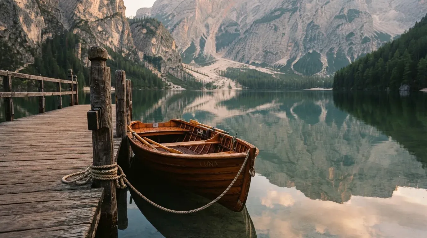 Ein schmales Ruderboot liegt an einem hölzernen Steg an einem Bergsee, dahinter steigen steile Felswände auf.