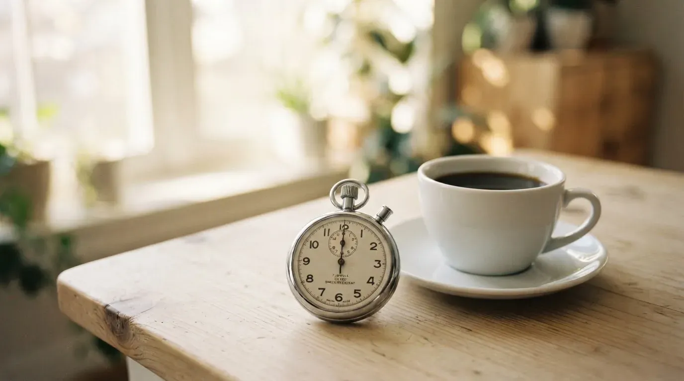 Eine Stoppuhr liegt auf einem hellen Holztisch neben einer Tasse Kaffee, im Hintergrund ein verschwommenes Fenster.