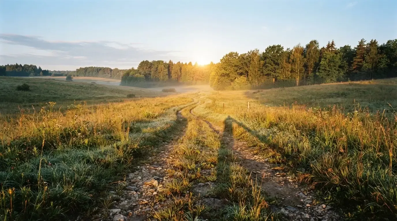 Ein Feldweg führt bei Sonnenaufgang zwischen Wiesen auf ein Waldstück zu.