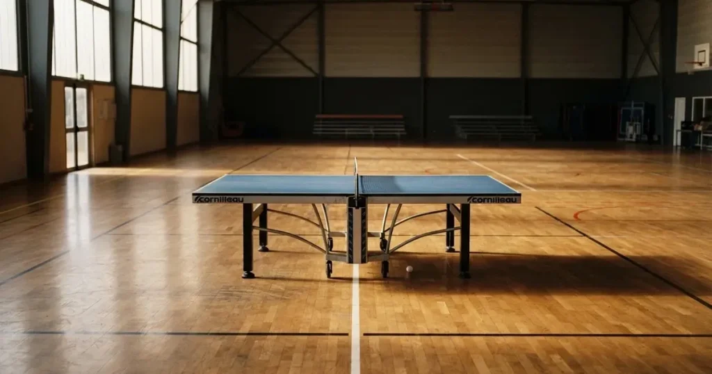 Eine Tischtennisplatte steht in einer leeren Sporthalle, ein einzelner Ball liegt am Netz und Tageslicht fällt von der Seite ein.