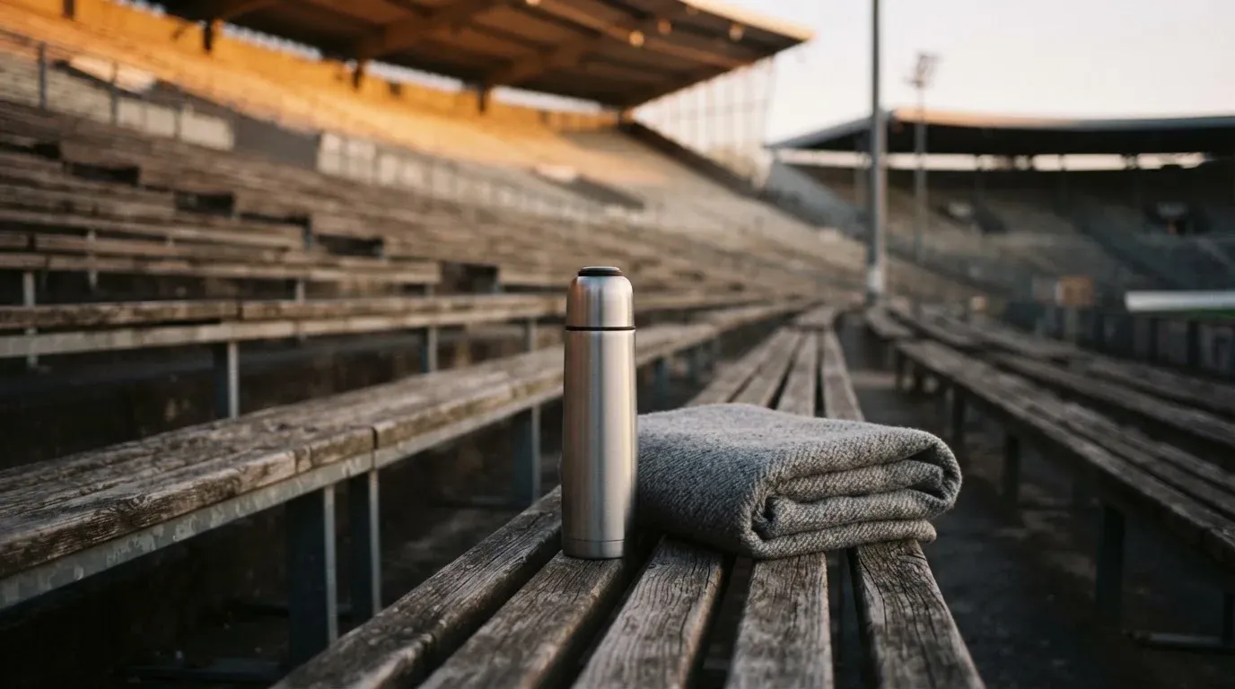 Eine Thermoskanne und eine zusammengelegte Wolldecke stehen auf einer leeren Stadionbank, die Sonne geht hinter den Rängen unter.