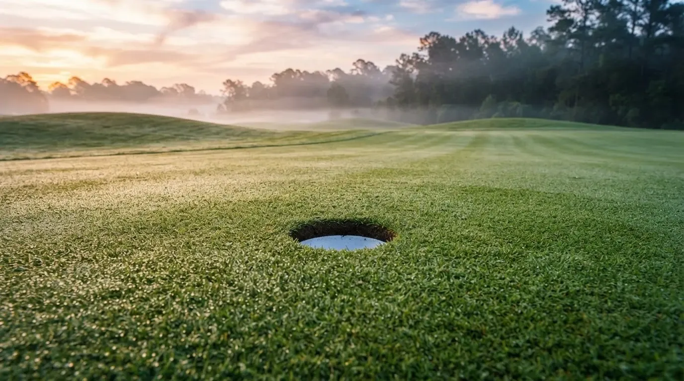 Ein Golfgrün bei Sonnenaufgang mit Tau auf dem Rasen, die Fahnenstange fehlt und im Hintergrund ziehen Nebelschwaden.