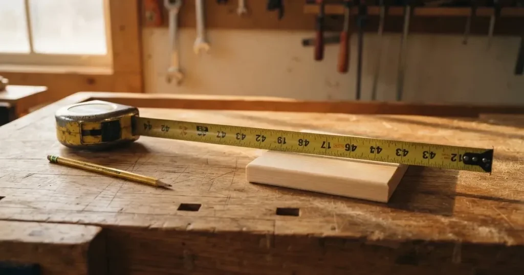 Ein Massband liegt aufgerollt auf einer Werkbank neben einem Bleistift und einem Holzbrett.