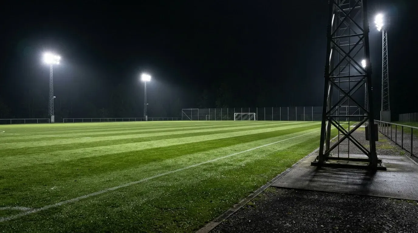 Hohe Flutlichtmasten ragen nachts über einen leeren Trainingsplatz, der Rasen glänzt im weissen Licht.