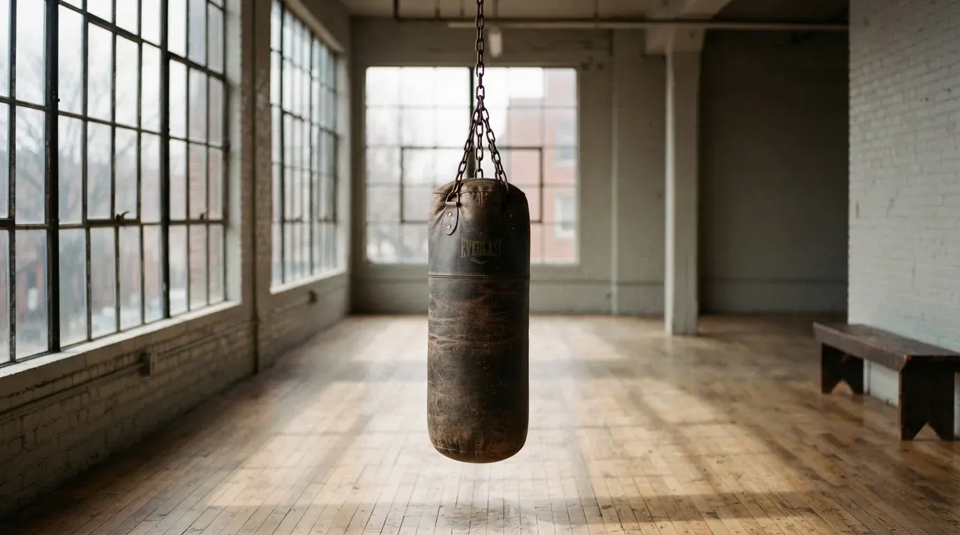 Ein Boxsack hängt an einer Kette in einem leeren Trainingsraum mit hellem Holzboden und grossen Fenstern.