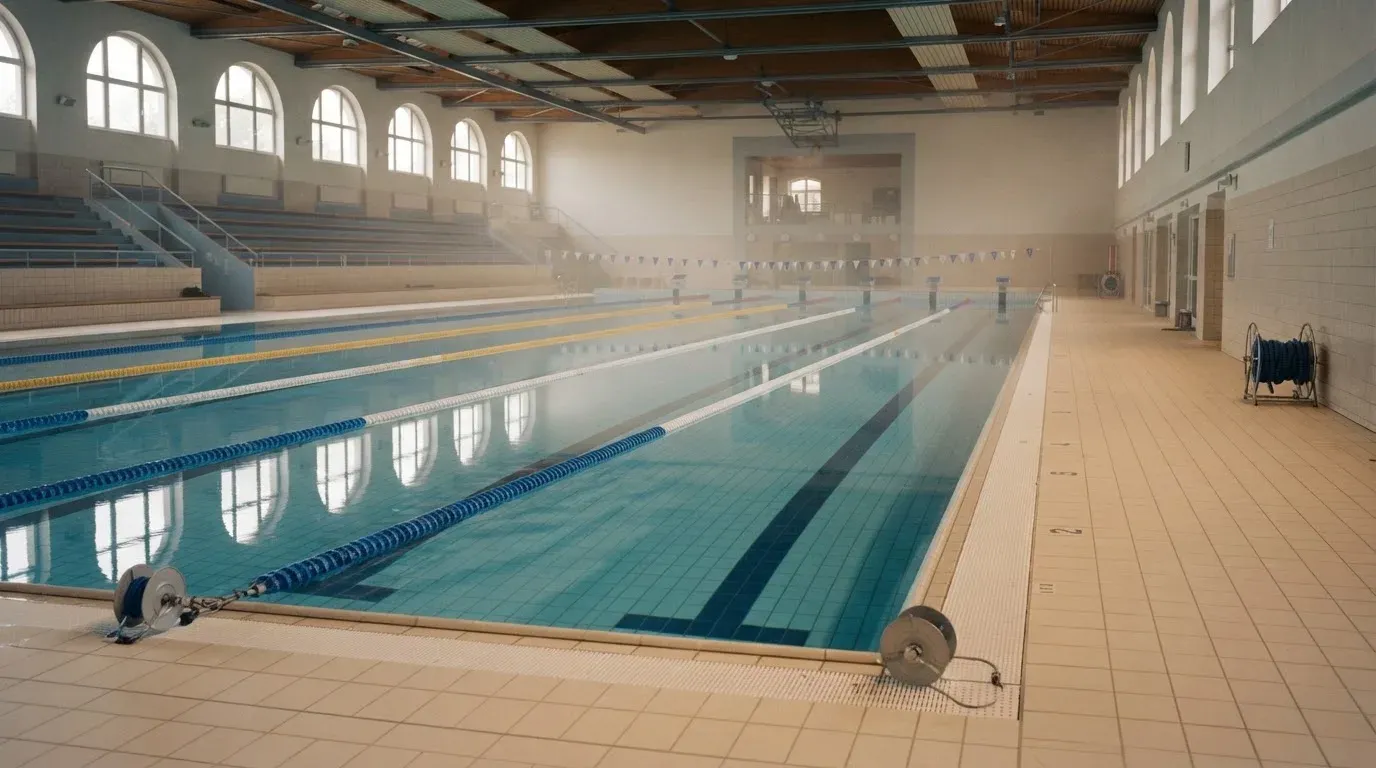 Eine ruhige Schwimmhalle mit glattem Wasser im Becken und gespannten Bahnleinen, Licht fällt durch hohe Fenster.