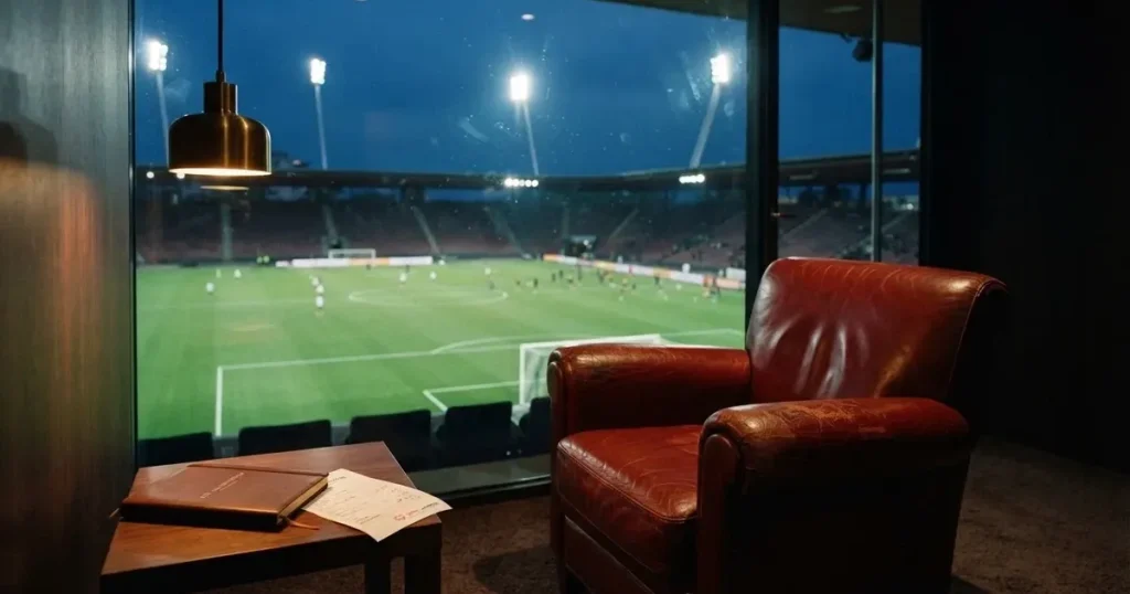 Ein leerer Ledersessel steht in einer Stadionloge mit Blick auf das Spielfeld im Abendlicht.