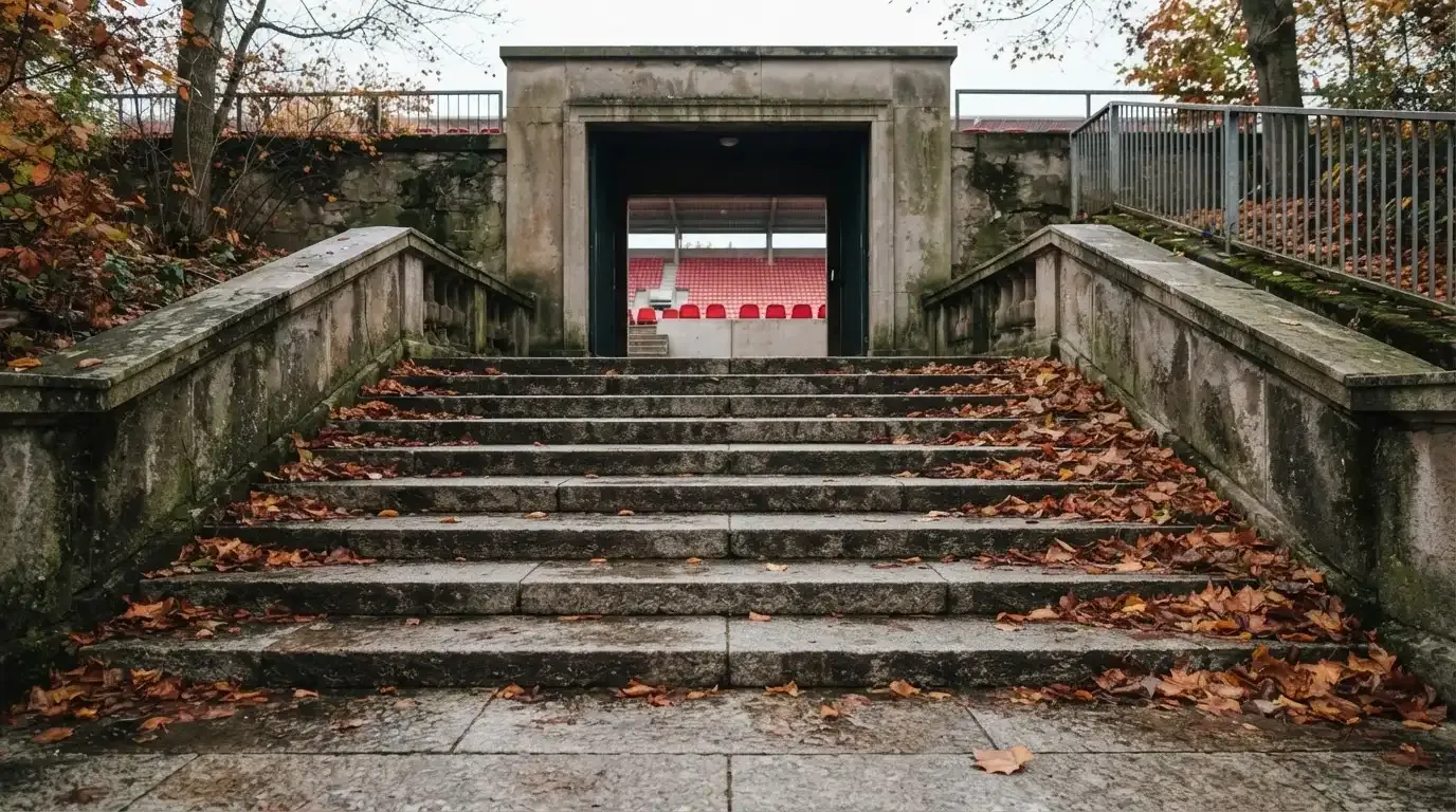 Eine breite Steintreppe führt zum Eingang einer Tribüne, Herbstlaub liegt auf den Stufen.