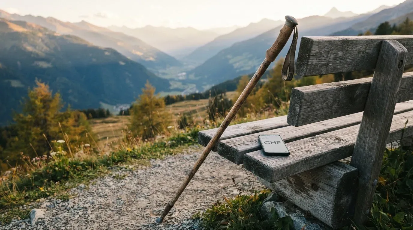 Ein Wanderstock lehnt an einer Holzbank auf einem Aussichtspunkt, dahinter breitet sich ein Tal im Dunst aus.