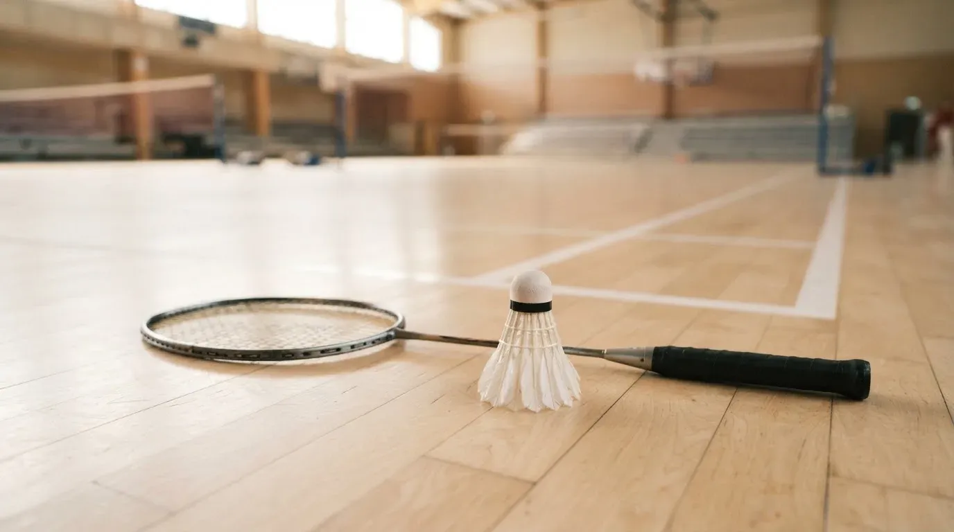 Ein Badmintonschläger liegt neben einem Federball auf dem hellen Hallenboden eines leeren Spielfelds.