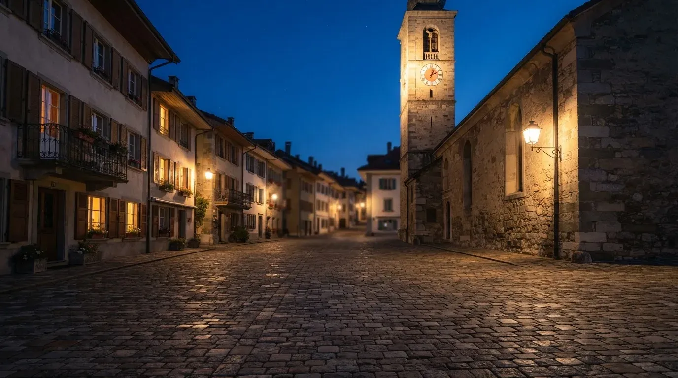 Ein Kopfsteinpflasterplatz vor einer Kirche in einer Altstadt am Abend, warme Fensterlichter und menschenleere Gassen.