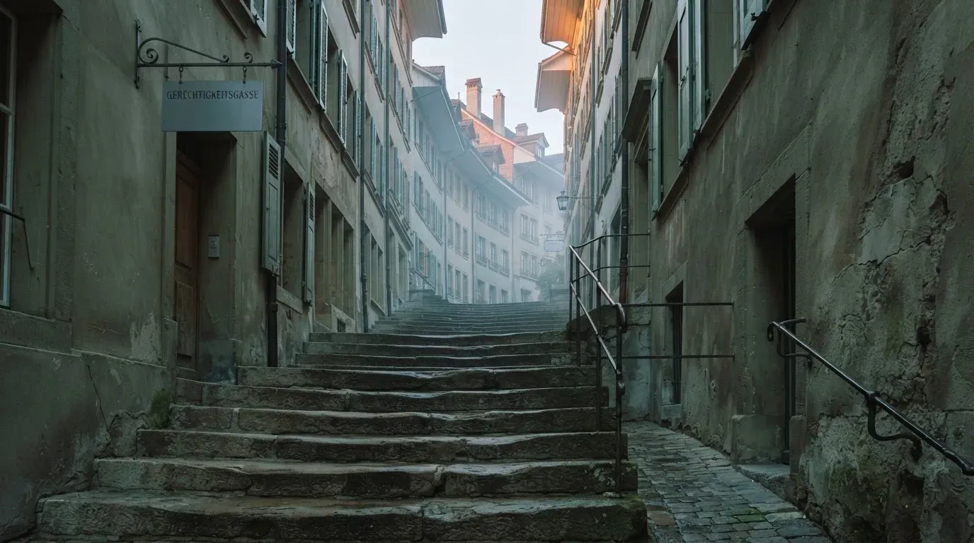 Eine breite Sandsteintreppe in einer Berner Altstadtgasse am frühen Morgen, niemand zu sehen, weiches Licht und leichter Nebel.