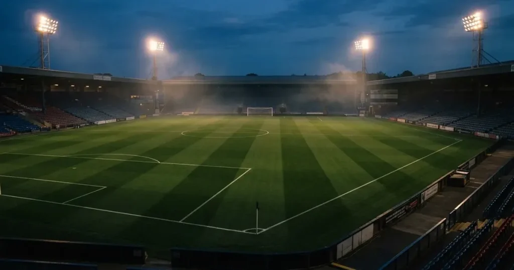 Ein menschenleerer Fussballplatz mit frisch gemähtem Rasen unter Flutlichtmasten in der Abenddämmerung, aus erhöhter Perspektive fotografiert.