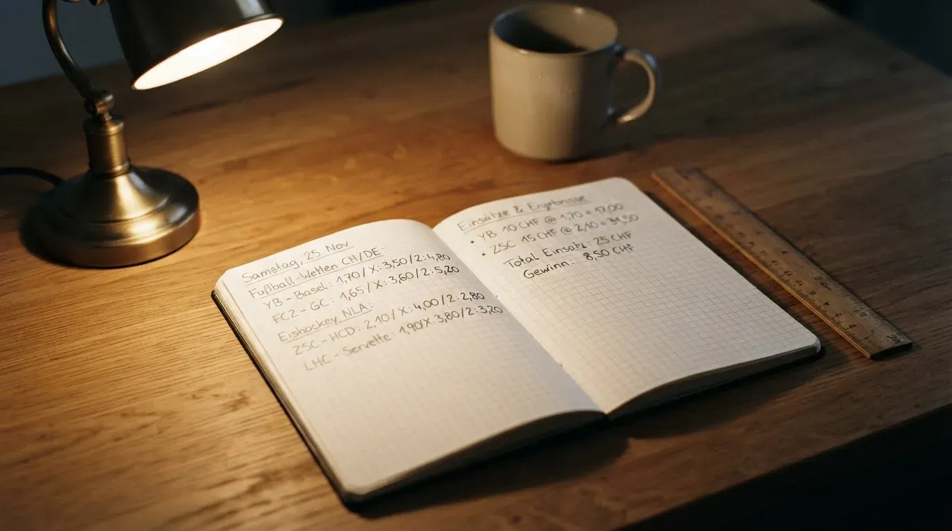 Eine Schreibtischlampe beleuchtet ein kariertes Heft mit handschriftlichen Skizzen, daneben liegt ein Lineal aus Holz.