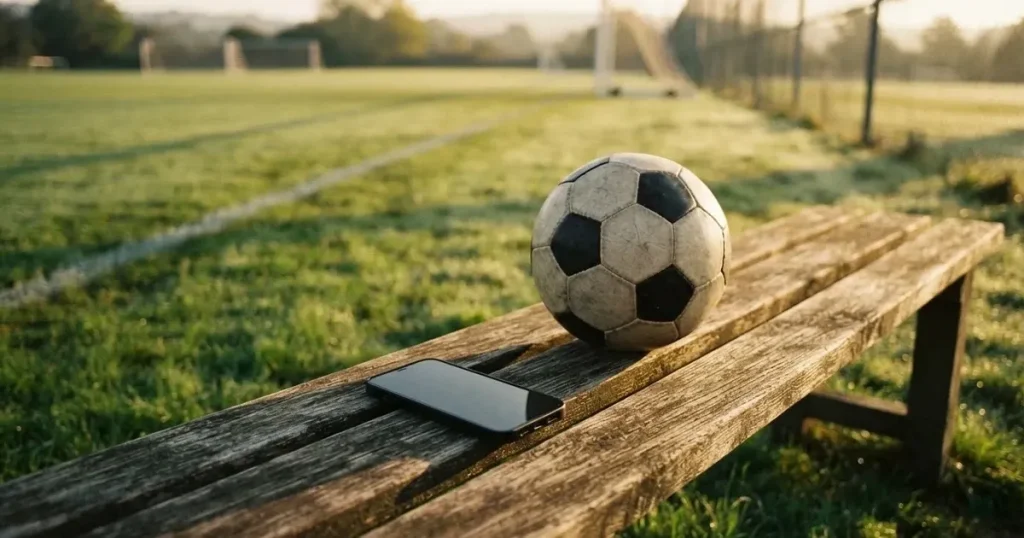 Ein Smartphone mit dunklem Bildschirm liegt neben einem Fussball auf einer Holzbank am Rand eines Trainingsplatzes im Morgenlicht.