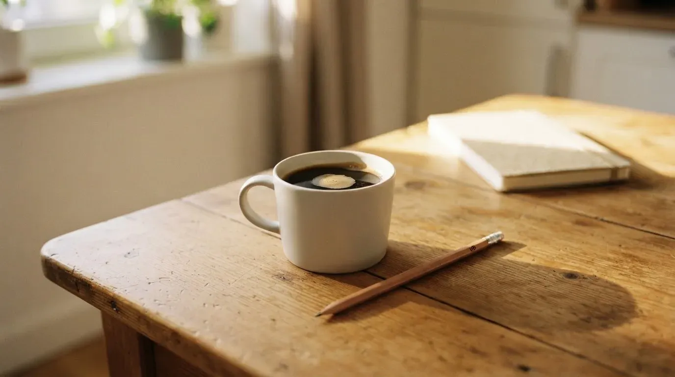 Eine Tasse Kaffee und ein Bleistift liegen auf einem sonnenbeschienenen Küchentisch neben einem leeren Notizblock.