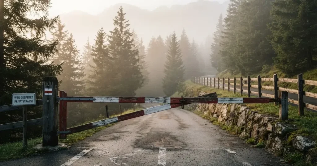 Ein geschlossener Schlagbaum an einer Landstrasse im Gebirge, Morgennebel steht zwischen den Tannen.