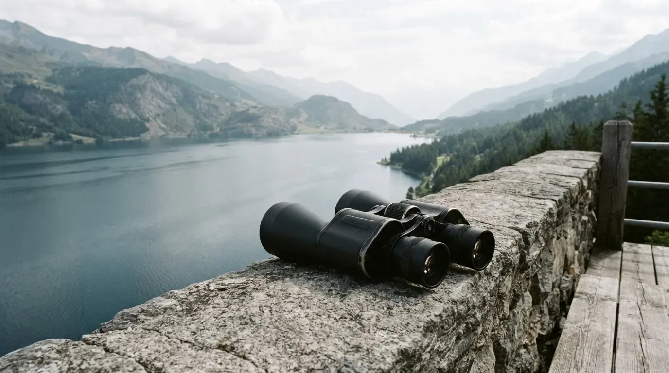 Ein Fernglas liegt auf dem Geländer einer Aussichtsplattform über einem See, dahinter flache Hügel im Dunst.