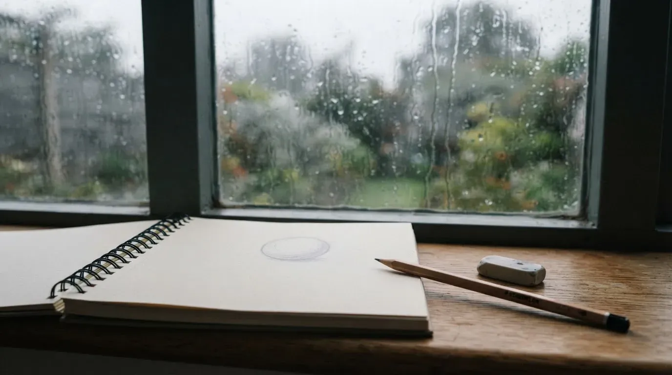 Ein Zeichenblock mit einem Bleistift und einem Radiergummi liegt auf einem Fensterbrett, draussen fällt Regen.