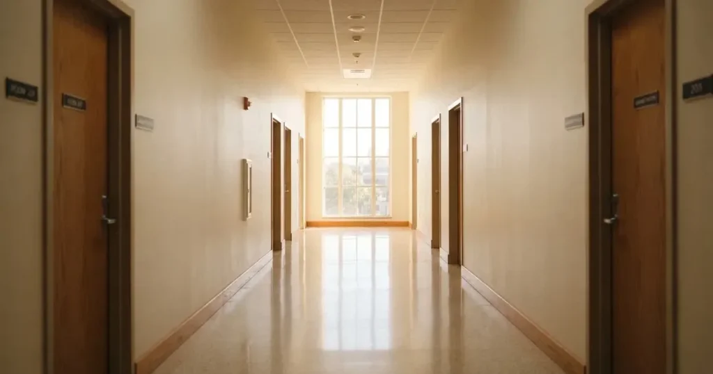 Ein langer Flur mit Holztüren und hellem Boden in einem ruhigen Verwaltungsgebäude, am Ende fällt Tageslicht durch ein Fenster.