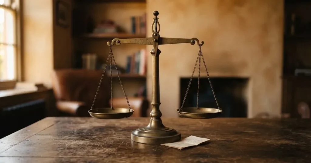Eine Balkenwaage aus Messing mit zwei leeren Schalen steht im Gleichgewicht auf einem Holztisch.