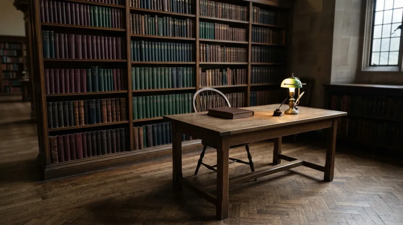 Ein Bücherregal mit ledergebundenen Bänden in dunklen Farben in einer stillen Bibliothek, davor ein Lesetisch.