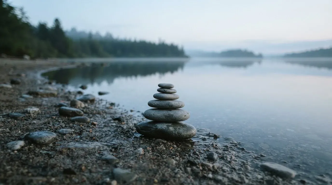 Ein Stapel flacher Kieselsteine liegt am Seeufer in der Morgendämmerung, das Wasser ist spiegelglatt.