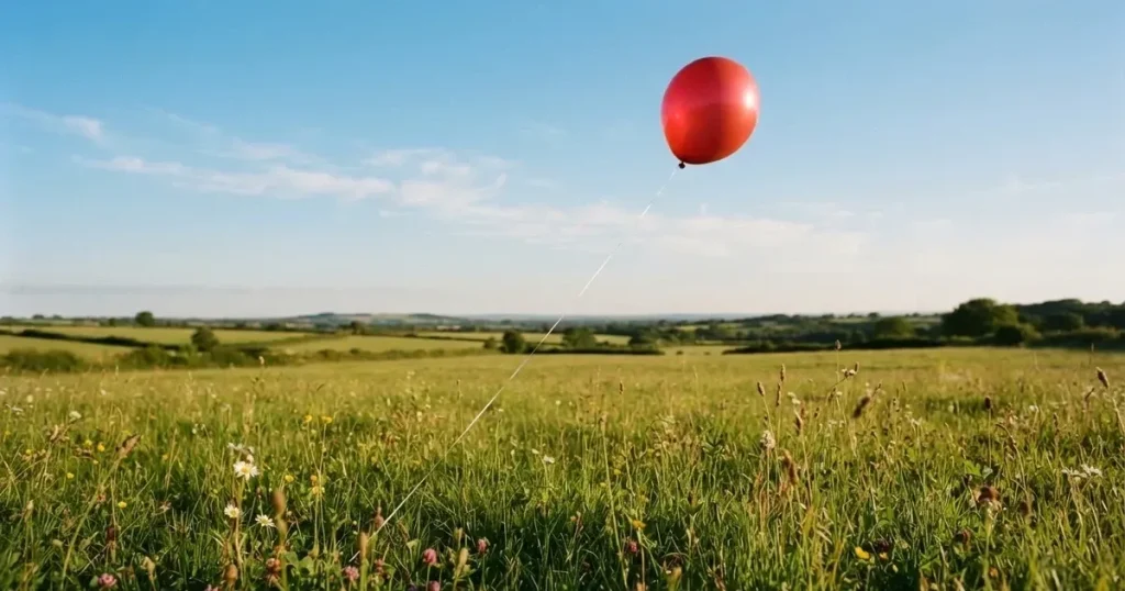 Ein roter Luftballon schwebt an einer dünnen Schnur über einer Sommerwiese, der Himmel dahinter ist klar.