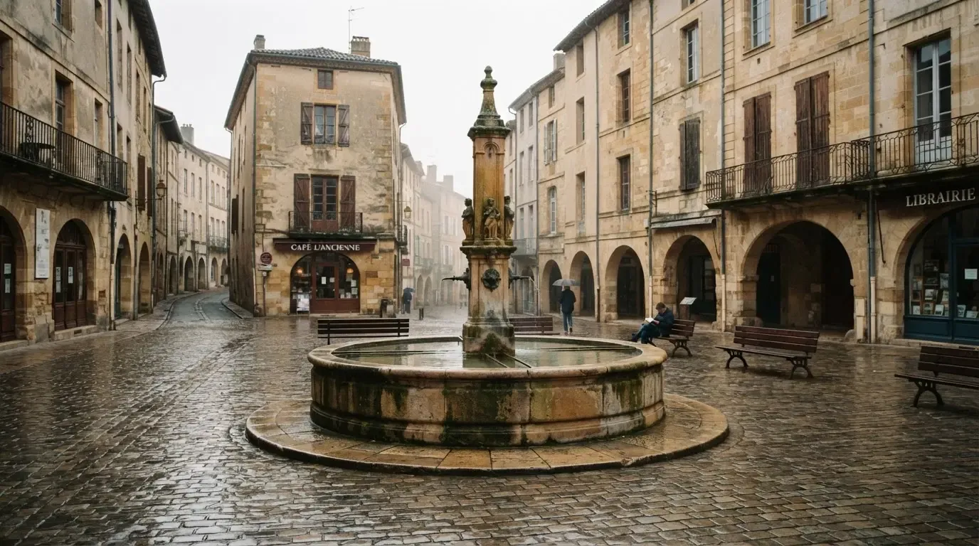 Ein Brunnen auf einem Altstadtplatz zwischen Sandsteinfassaden, nasses Kopfsteinpflaster nach einem Regenschauer.